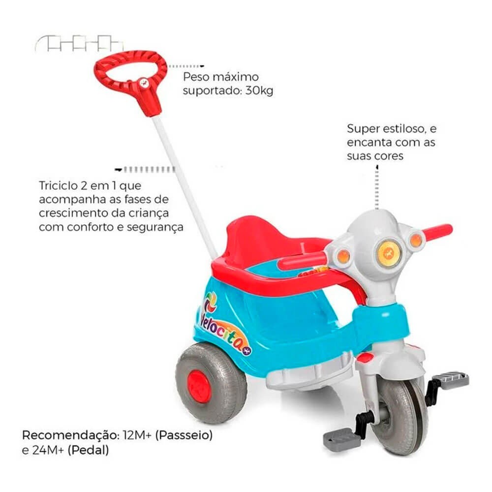 Triciclo Infantil com Empurrador Velocita Vermelho Calesita - Único