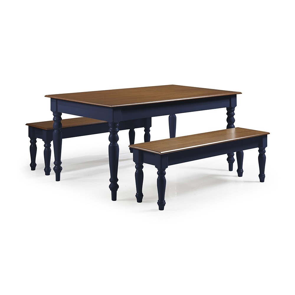 Conjunto de Mesa Linz Mesa 180x90cm 2 Bancos 156x35cm Laca Azul Petróleo/Imbuia Glazer 917 (061C/024B)