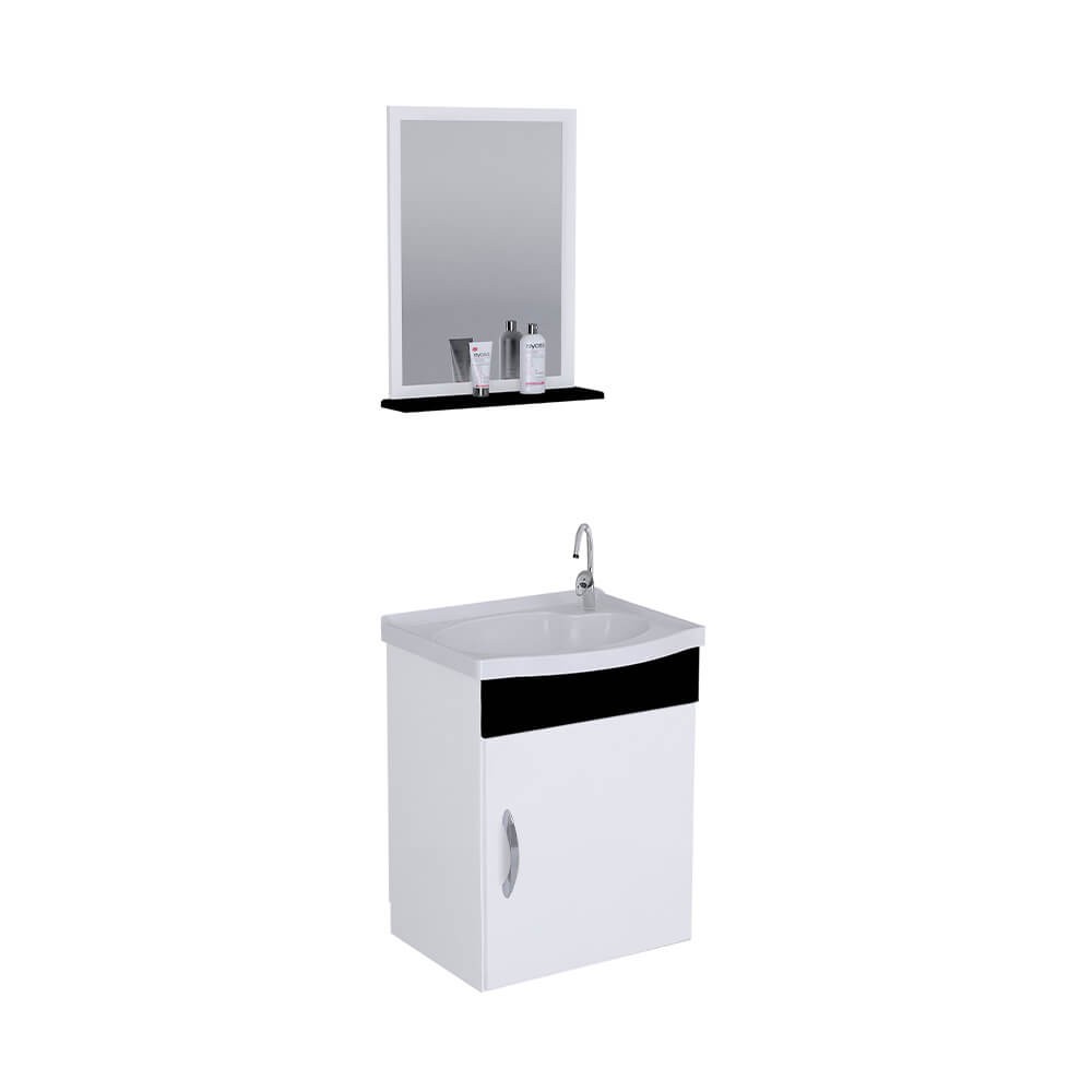 Kit Lavabo A.J. Rorato Siena Suspenso 1 Porta 39cm Pia + Espelho Branco/Preto 578215 