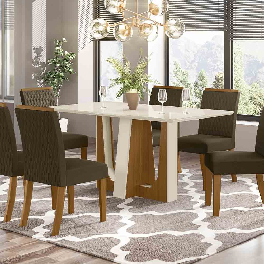 Conjunto de Mesa Henn Alfa Com 6 Cadeiras Vega 160x90cm com Tampo de Vidro Nature/Off White/Bege S209-127/S03-501 