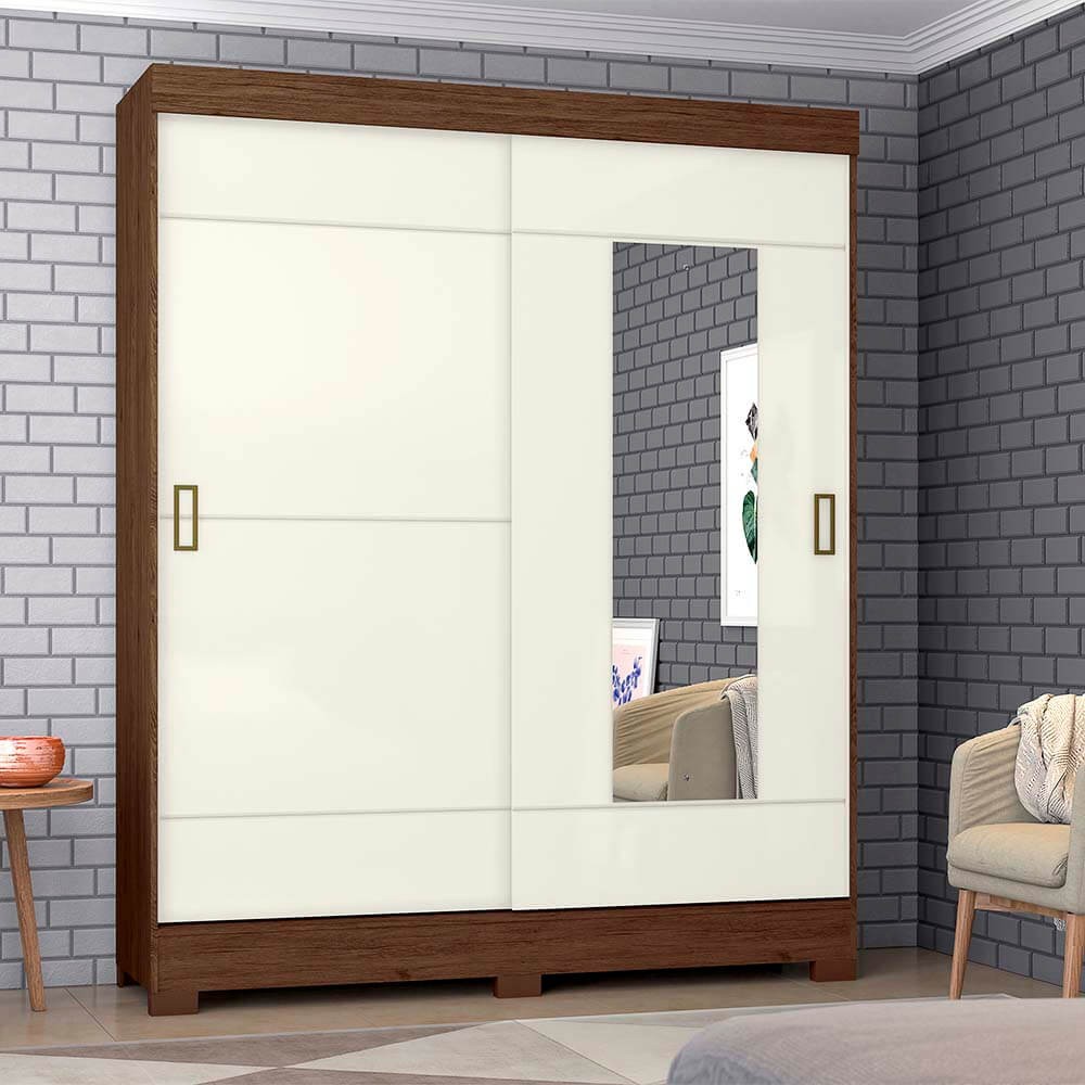Guarda-Roupa Briz B66 2 Portas de Correr 2 Gavetas Com Espelho Com Pés Castanho HP/Off White B66-138