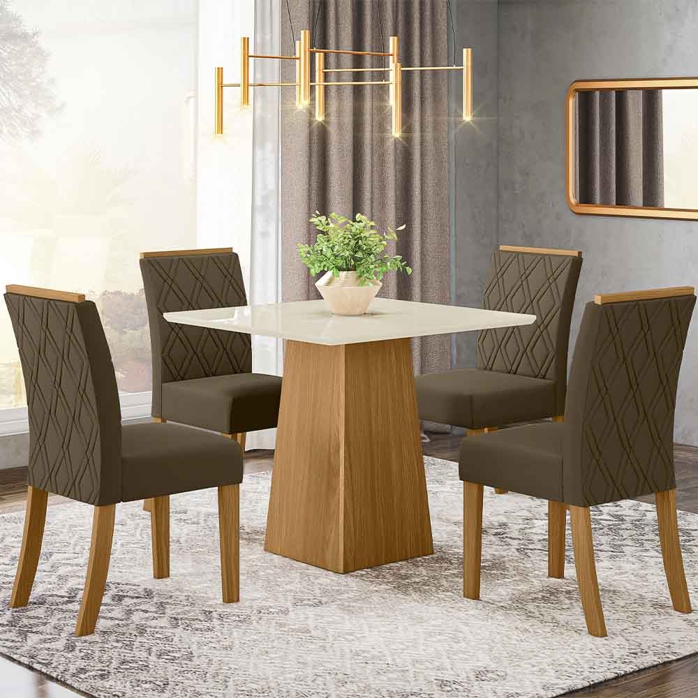 Conjunto de Mesa Henn Dora Com 4 Cadeiras Vita 90x90cm com Tampo em MDF 25mm Nature/Off White/Bege S211-127/S05-501 
