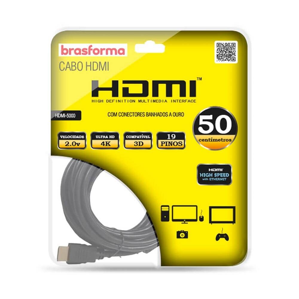 Cabo HDMI-5000 Brasforma 2.0 1080p 50cm 19 Preto