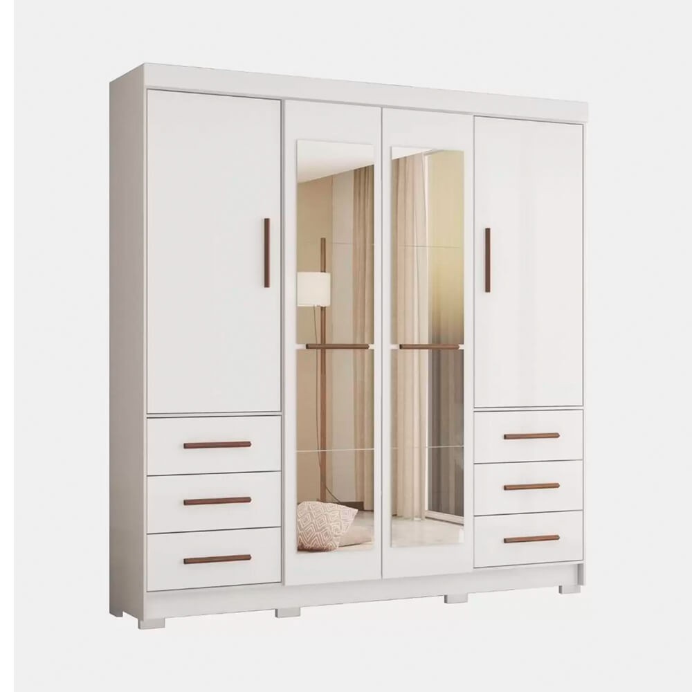 Guarda-Roupa Mapi Móveis Estrela 4 Portas 6 Gavetas com Pés e Espelho Branco 1166