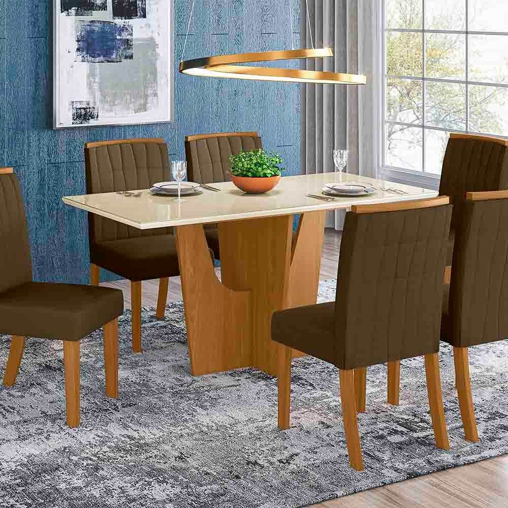 Conjunto de Mesa Henn Vértice Com 6 Cadeiras Tauá 160x80cm com Tampo de Vidro Nature/Off White/Bege S203-127/S04-501