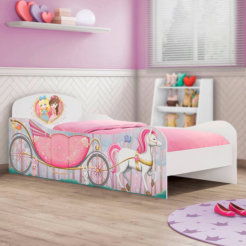 Cama Infantil Móveis Estrela Graciosa/Princesas na Floresta Rosa/Branco 100%MDF 24669-20A