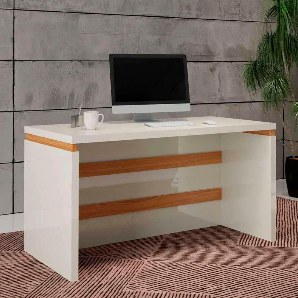 Mesa Escritório/Estudo Pradel Móveis TC145VW 135cm Com Negativo Tampo de Vidro Off White Brilho/Freijó (WJ) (DSC)