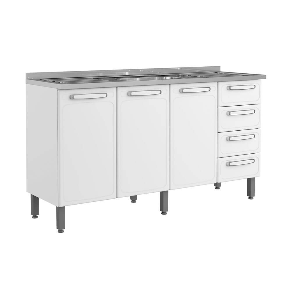 Balcão Bertolini +Evidence (7029-670) 160x89.2cm 3 Portas 4 Gavetas com Pia Aço Branco