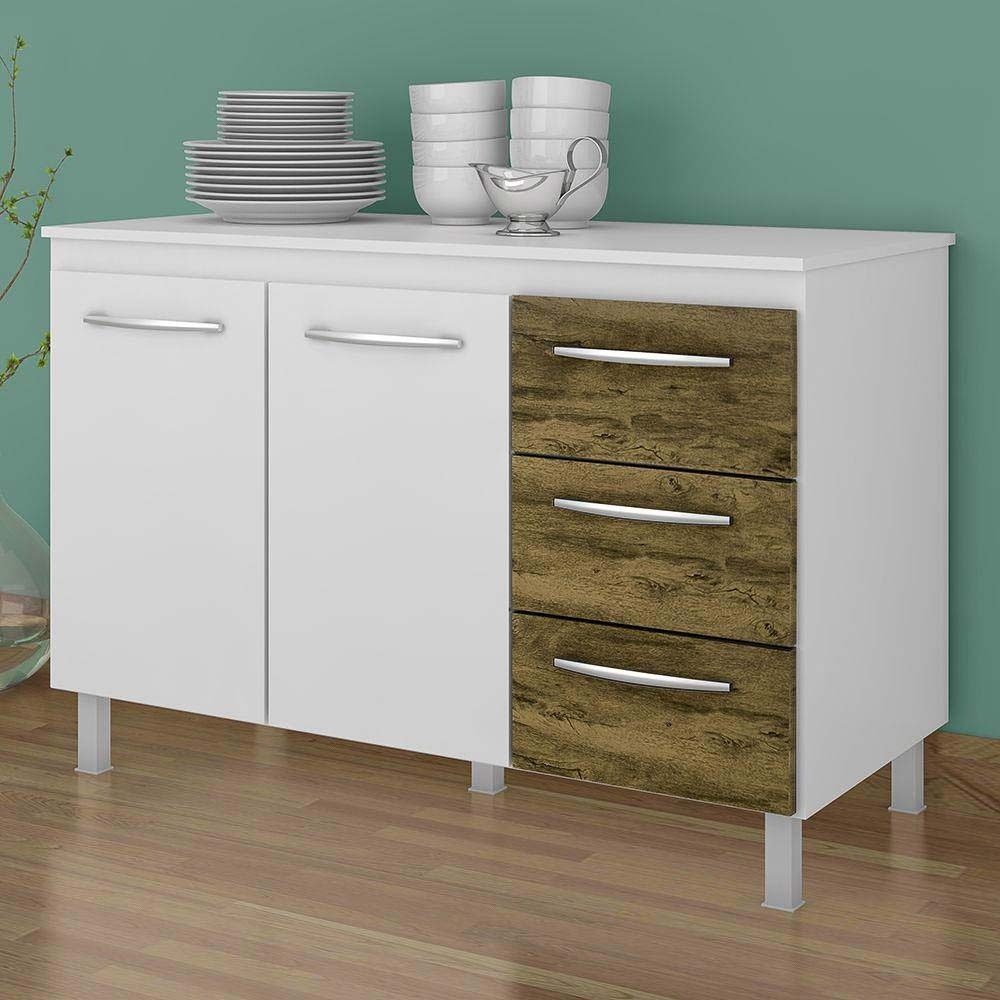 Balcão Moblis Camile 120cm 2 Portas 3 Gavetas Branco/Castanho