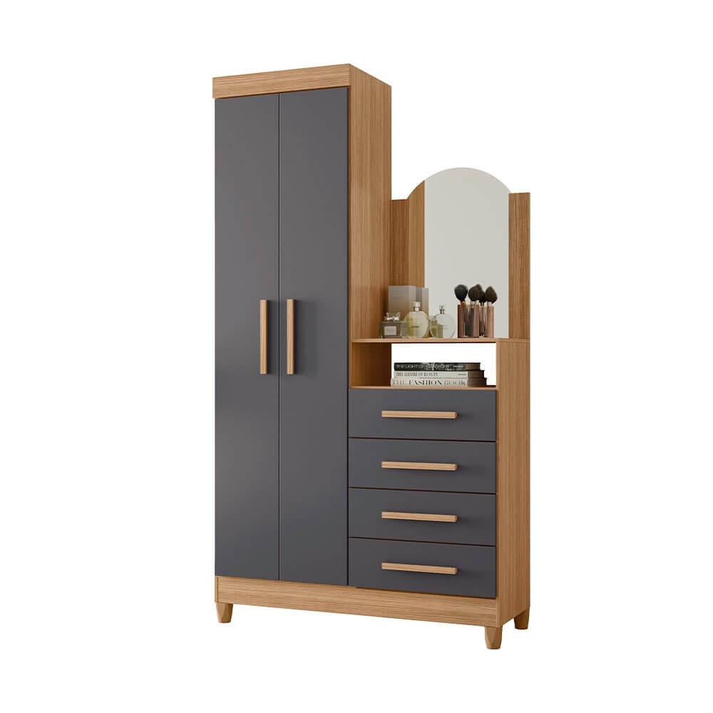 Cômoda/Guarda-Roupa Albatroz Capri 2 Portas 4 Gavetas Espelho Pés Nature/Titanium 8495.253