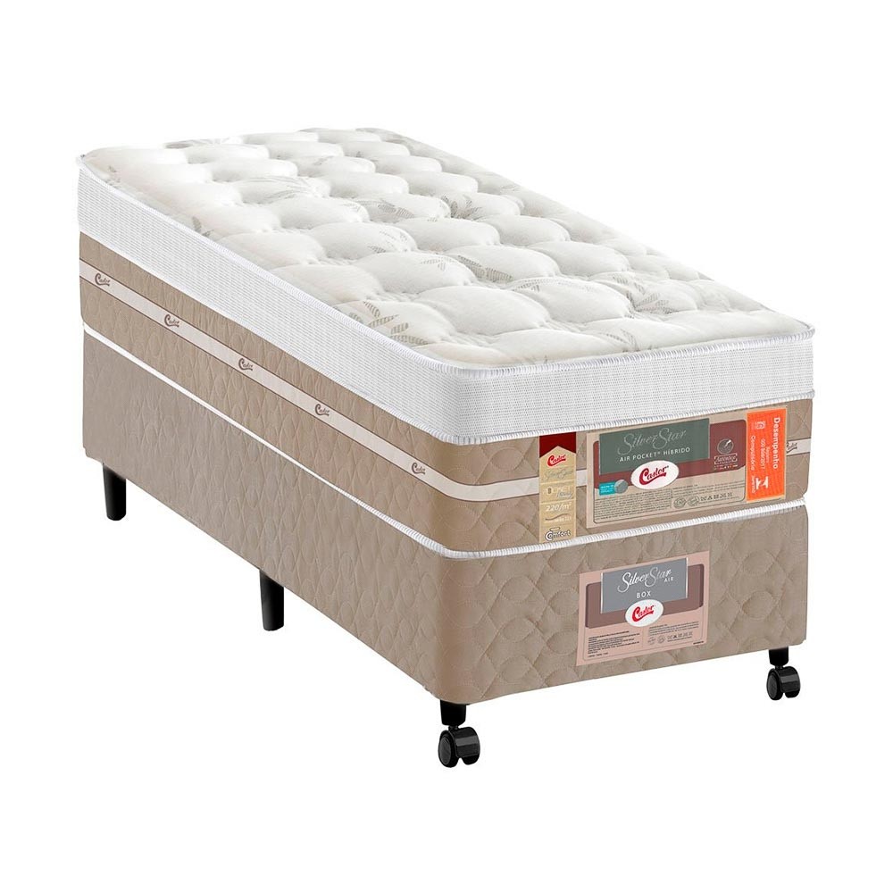 Cama Box Castor Silver Star Air D24+D28 Pocket Max Solteiro 88x188x76 Bege/Branco