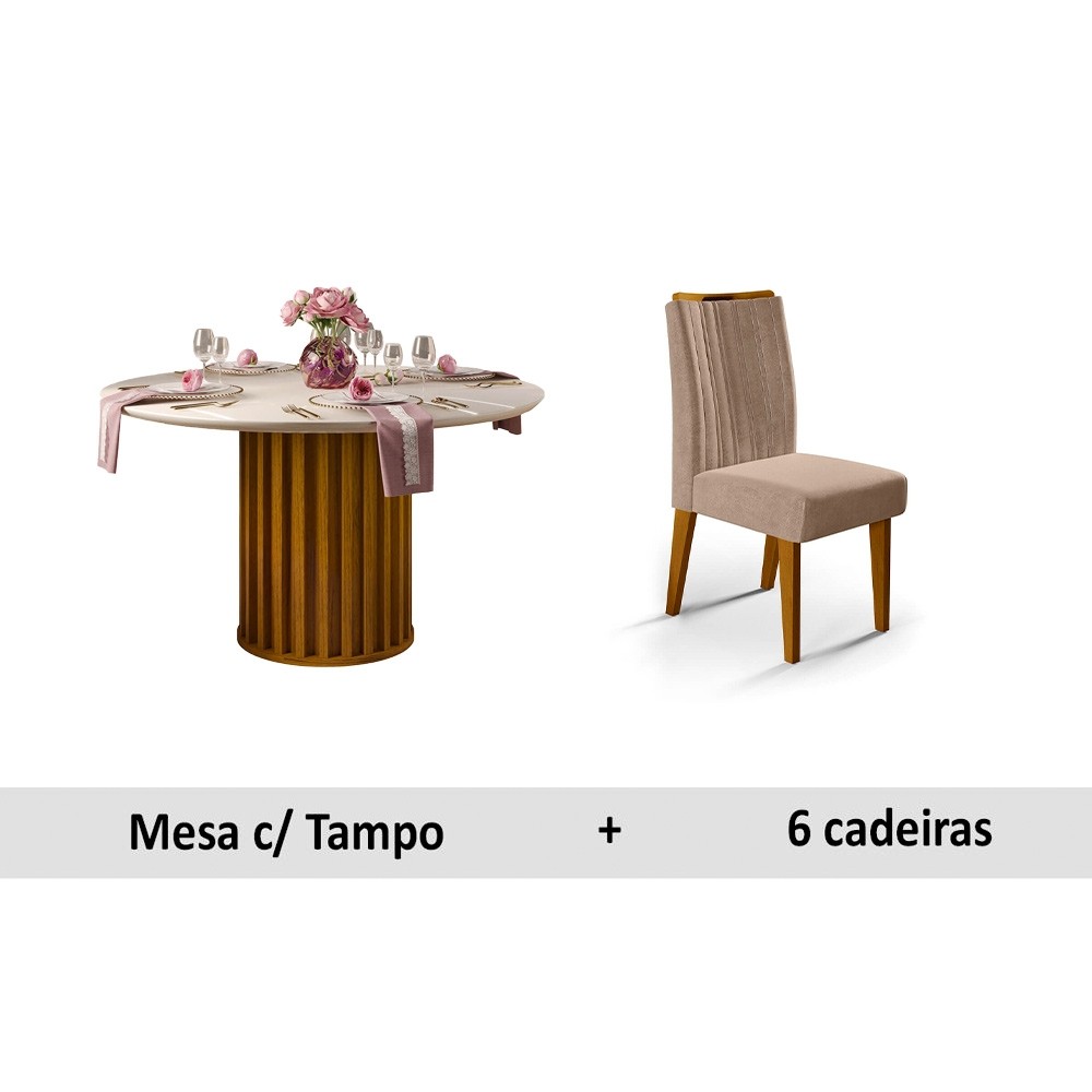 Conjunto de Mesa DJ Móveis Viena Redondo de Madeira e Vidro 136cm com 6 Cadeiras Isis Freijo/Off White-Ipê/Veludo Kraft