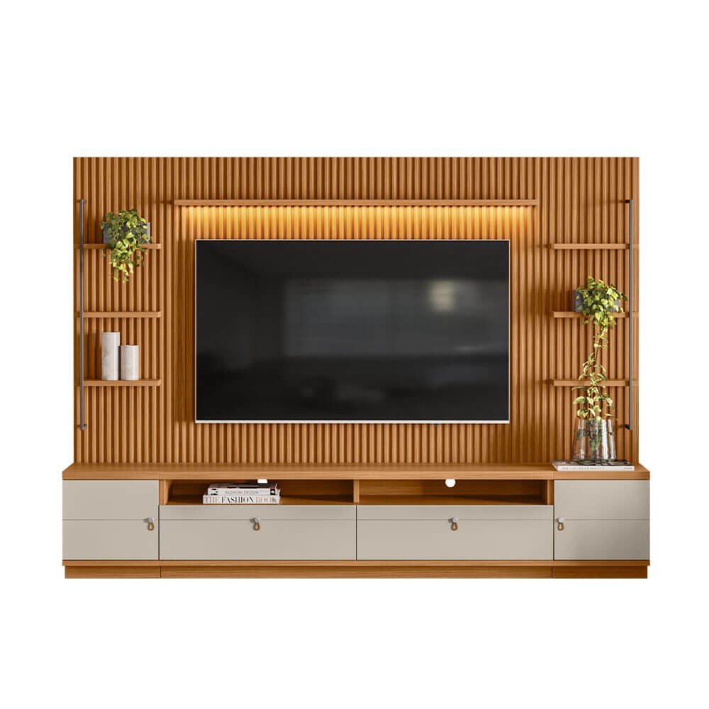 Conjunto Linea Brasil Rack + Painel + 2 Módulos Lateral Ouro Preto Ripado Nature/Off White 810010148-207039