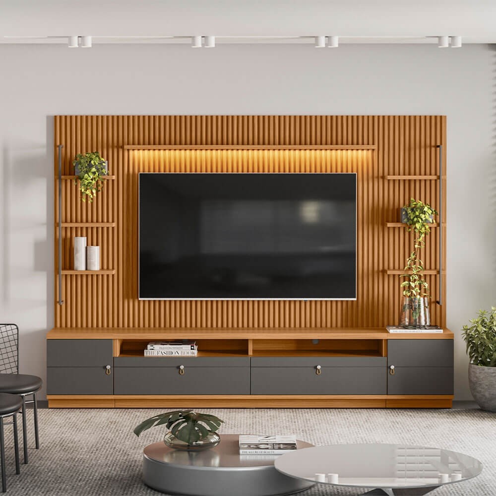 Conjunto Linea Brasil Rack + Painel + 2 Módulos Lateral Ouro Preto Ripado Nature/Chumbo 810010148-207063