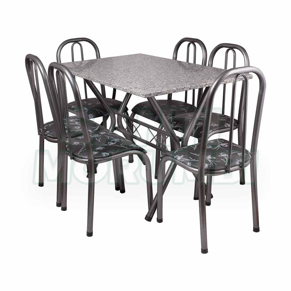 Conjunto Mesa Quality Roma Granito 150x80cm com 6 Cadeiras Preto Craqueado Assento Floral Preto