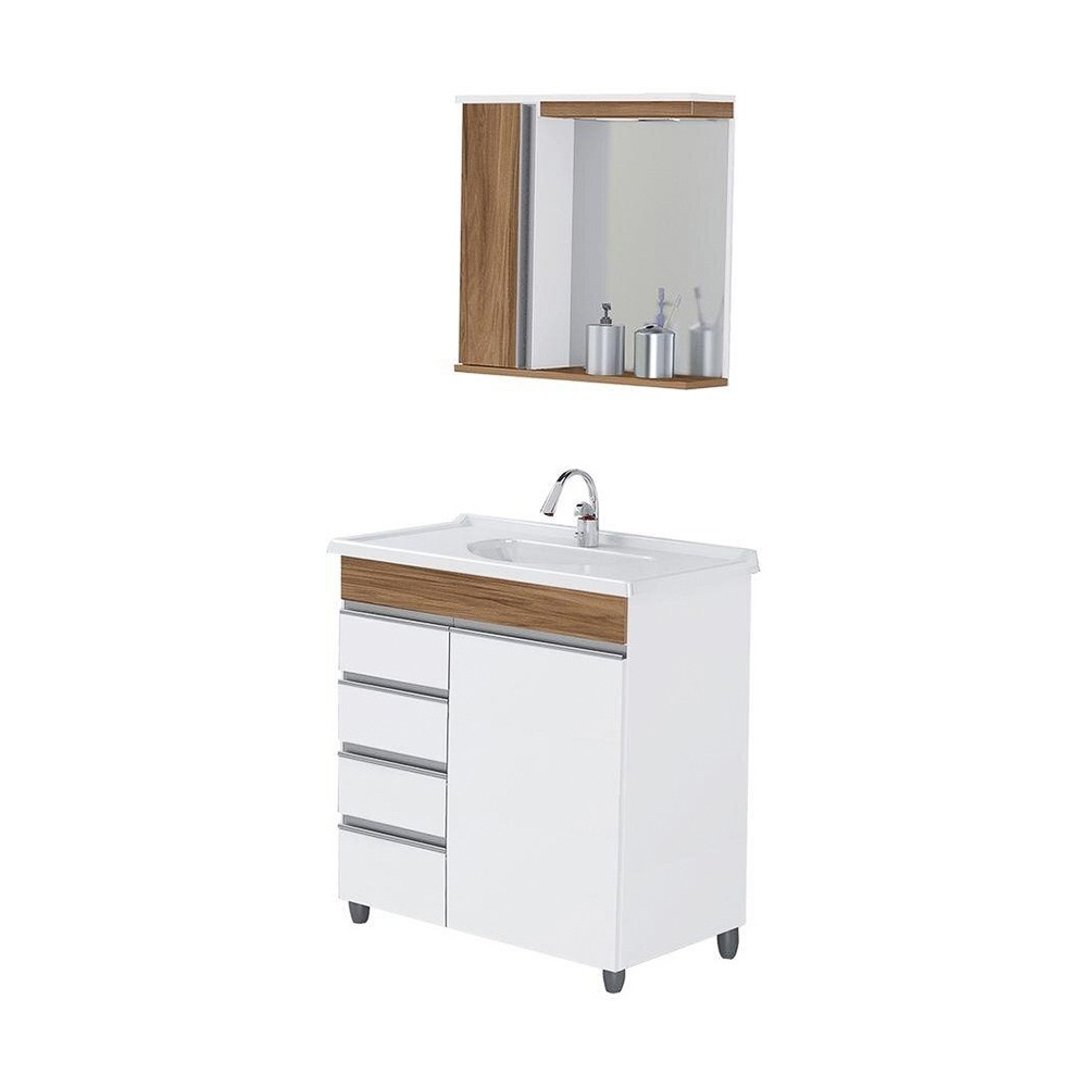 Conjunto para Banheiro com Pé A.J. Rorato Módena 2 Portas 4 Gavetas 59x74x42cm Pia + Espelho Nogal Sevilha