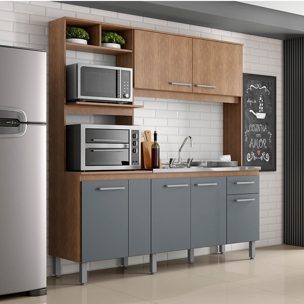 Cozinha Compacta Jaeli Alícia 6 Portas 1 Gaveta 184x200x52cm Carvalho/Chumbo J-1800CVCH