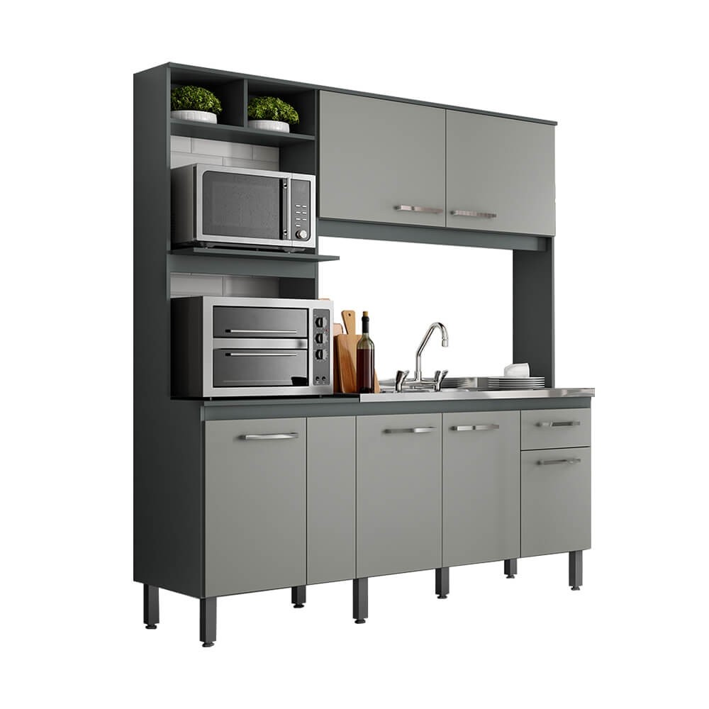 Cozinha Compacta Jaeli Alícia 6 Portas 1 Gaveta 184x200x52cm Chumbo/Cristal J-1800CHCR