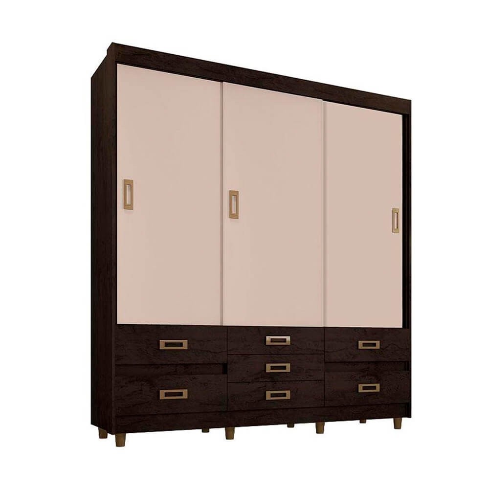 Guarda-Roupa Araplac GR 37020 3 Portas de Correr 7 Gavetas Com Pés Café/Baunilha Flex 37020-95