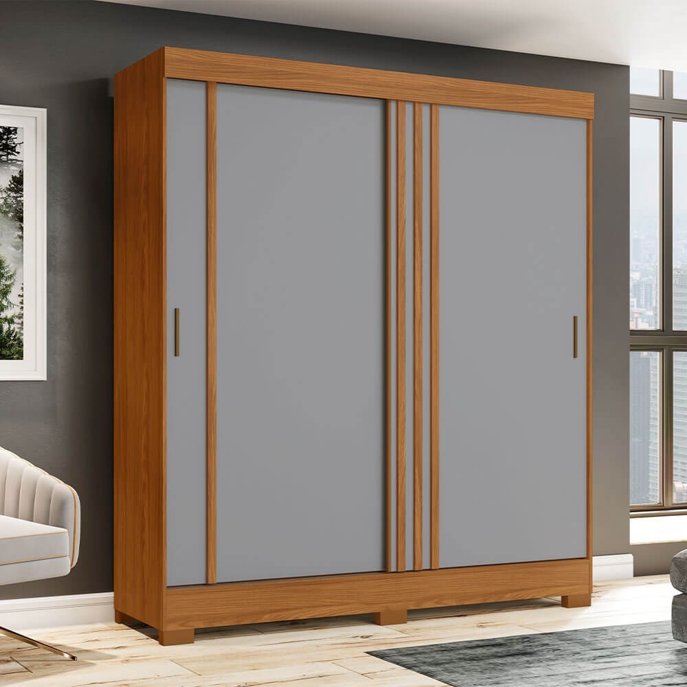 Guarda-Roupa Briz B353 2 Portas Deslizantes 2 Gavetas com Pés Nature/Off White/Cinza B353-181