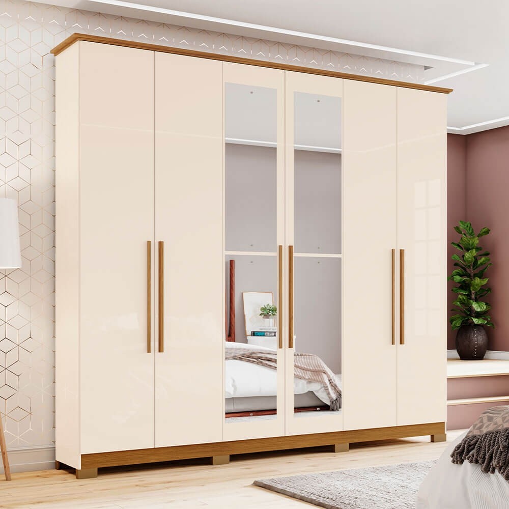 Guarda-Roupa Henn Vigo 6 Portas 3 Gavetas Com Espelho Com Pés Off White/Nature D278-129/O965-64