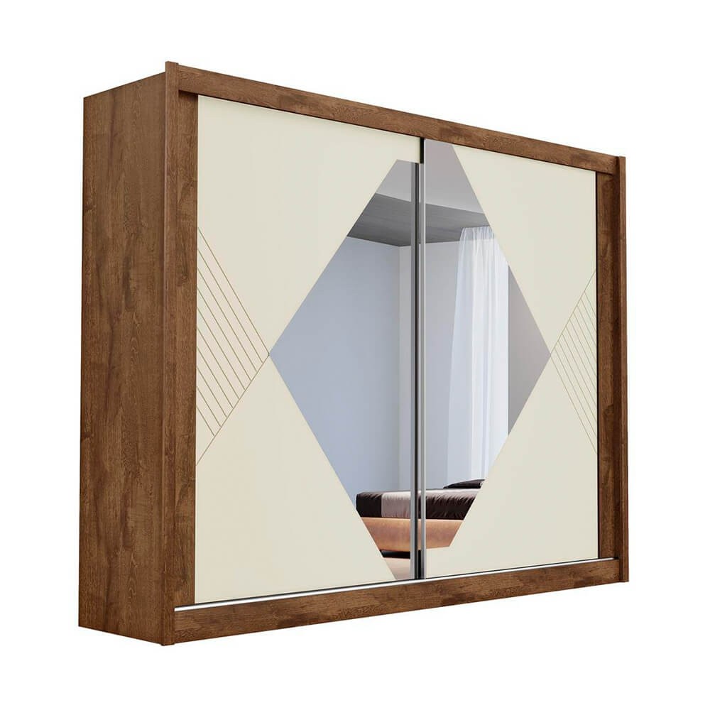 Guarda-Roupa Móveis Europa Santorini 2 Portas de Correr 4 Gavetas Com Espelho Braúna/Off White 100% MDF 15350.192