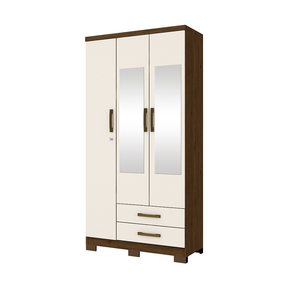 Guarda-Roupa Henn Açaí 3 Portas 2 Gavetas Com Espelho Com Pés Castanho/Off White DA133-138/O914-64