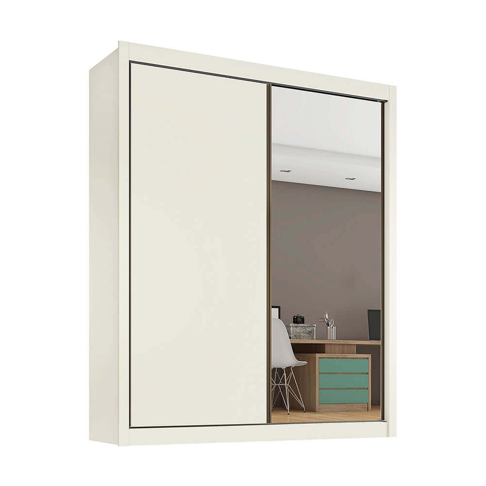Guarda-Roupa Móveis Europa Zurique 2 Portas de Correr 4 Gavetas 1 Espelhada Off White/Braúna/Off White 100% MDF 14334.20