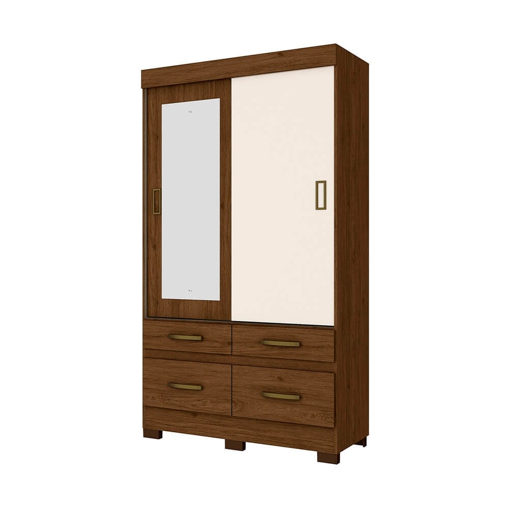 Guarda-Roupa Briz BE25 2 Portas de Correr 4 Gavetas Com Espelho Com Pés Castanho/Castanho/Off White BE25-135
