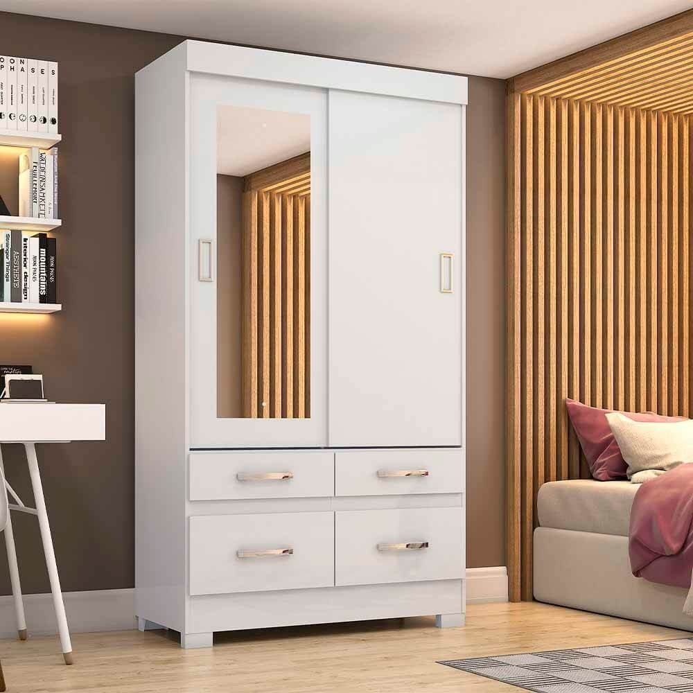 Guarda-Roupa Briz BE25 2 Portas de Correr 4 Gavetas Com Espelho Com Pés Branco/Branco/Rosa Chá BE25-66