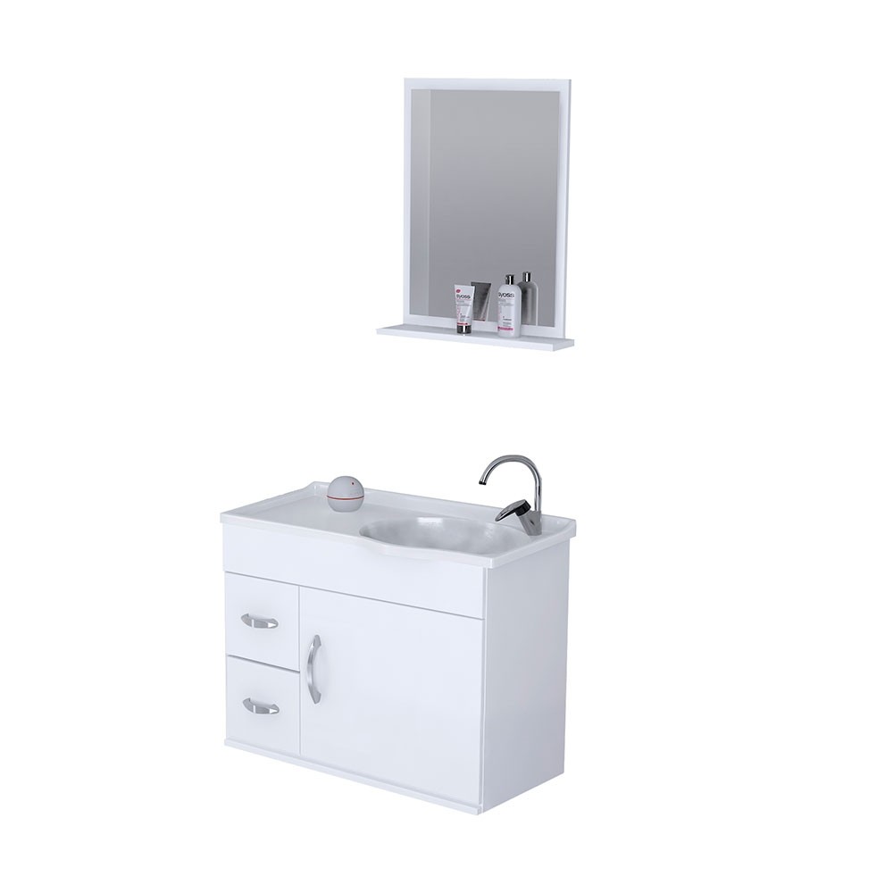 Kit Lavabo A.J. Rorato Siena Suspenso 1 Porta 2 Gavetas 55cm Pia + Espelho Branco