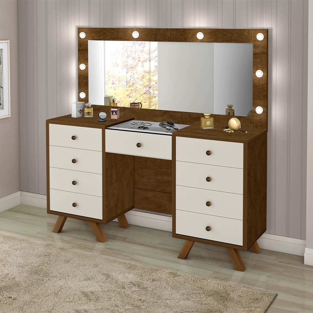Penteadeira Móveis Luapa Mila Camarim 9 Gavetas com LED Malbec/Off White