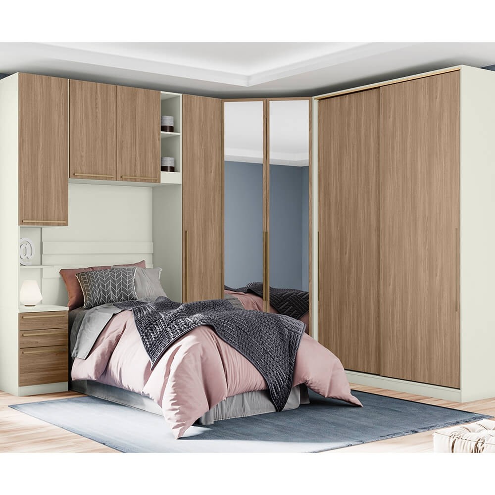 Quarto Modulado Henn Seletto Solteiro Canto 2 Portas de Correr Com Espelho Areia/Jequitibá 100% MDF 