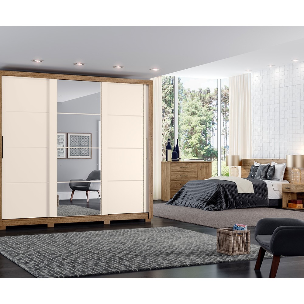 Quarto Completo Henn Payson (Guarda-Roupa + Cômoda + Cabeceira) Com Espelho Com Pés Rústico/Off White