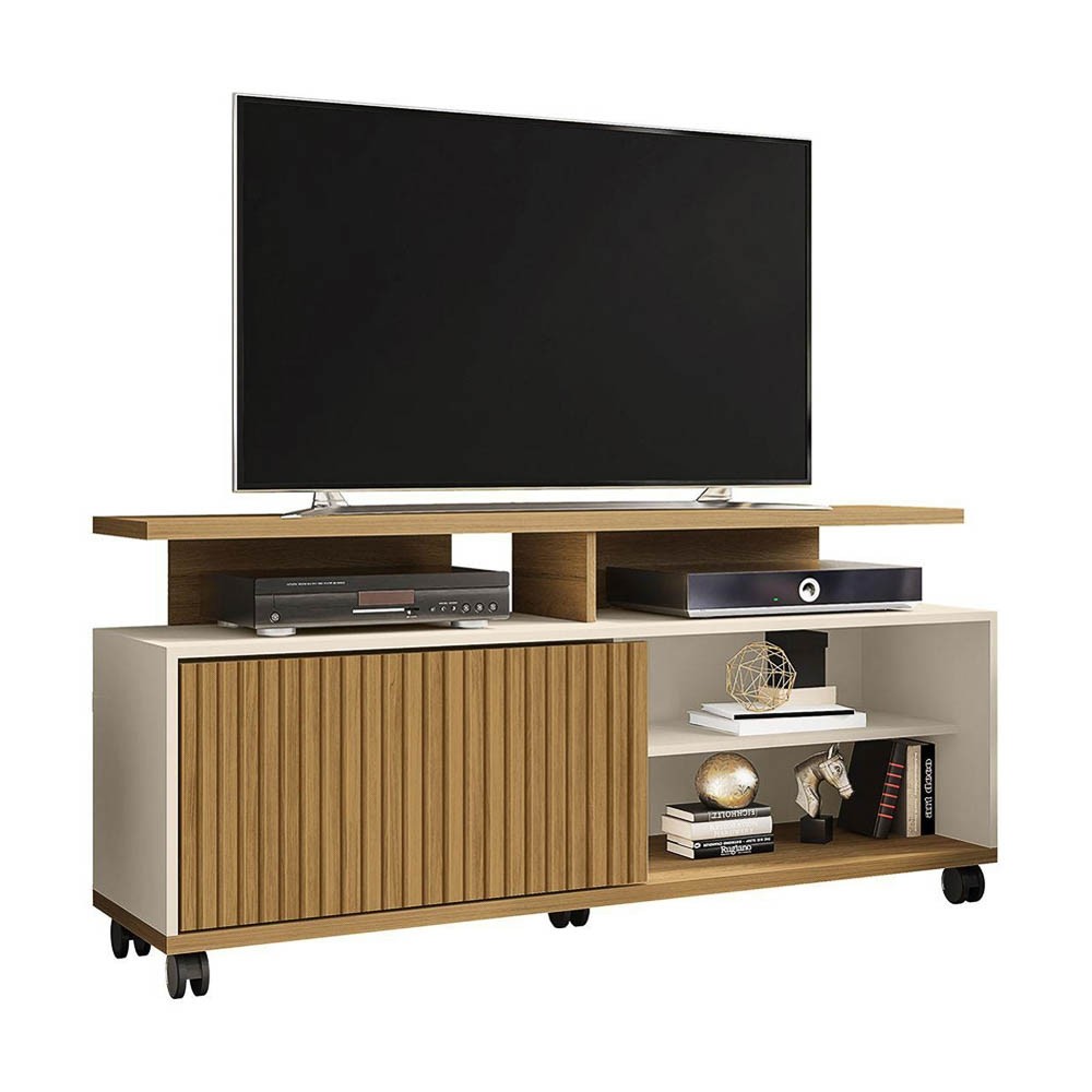 Rack Móveis Bechara Topázio 136cm para TV até 52 Polegadas Cinamomo/Off White/Ripado
