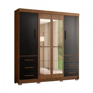 Guarda-Roupa Mapi Móveis Estrela 4 Portas 6 Gavetas com Pés e Espelho Nogueira/Preto 1166