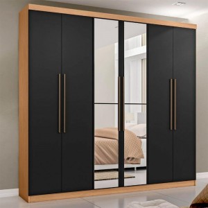 Guarda-Roupa Mapi Móveis Montreal 6 Portas 3 Gavetas com Espelho e Pés Amêndoa/Preto 9966-1