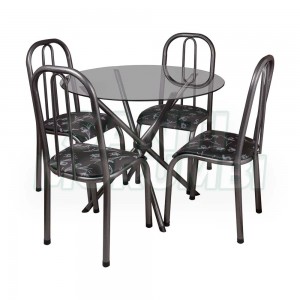 Conjunto Mesa Quality Munique Vidro 90x90cm com 4 Cadeiras Preto Craqueado Assento Floral Preto