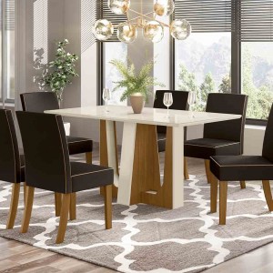 Conjunto de Mesa Henn Alfa Com 6 Cadeiras Maris 160x90cm com Tampo de Vidro Nature/Off White/Marrom S209-127/S06-500
