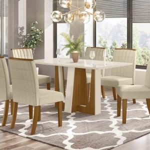 Conjunto de Mesa Henn Alfa Com 6 Cadeiras Tauá 160x90cm com Tampo de Vidro Nature/Off White/Linho S209-127/S04-502