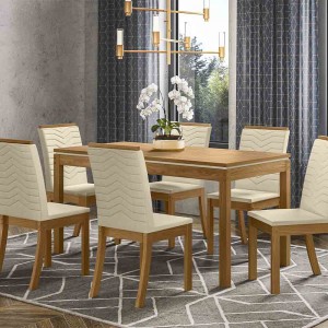 Conjunto de Mesa Henn Chan Com 6 Cadeiras Isa 140x80cm com Tampo em MDF 25mm Nature/Off White/Linho S221-127/S12-502