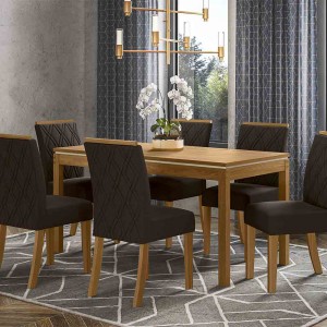 Conjunto de Mesa Henn Chan Com 6 Cadeiras Vita 140x80cm com Tampo em MDF 25mm Nature/Off White/Marrom S221-127/S05-500