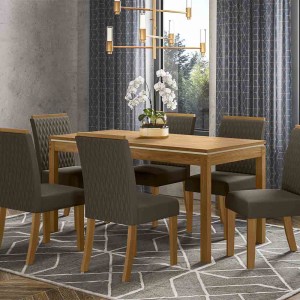 Conjunto de Mesa Henn Chan Com 6 Cadeiras Vega 140x80cm com Tampo em MDF 25mm Nature/Off White/Bege S221-127/S03-501