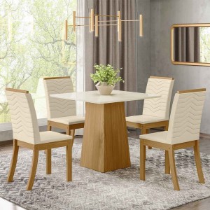 Conjunto de Mesa Henn Dora Com 4 Cadeiras Isa 90x90cm com Tampo em MDF 25mm Nature/Off White/Linho S211-127/S12-502