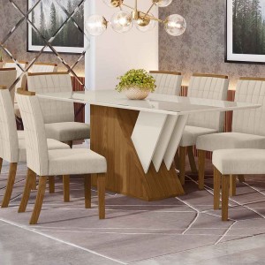 Conjunto de Mesa Henn Epic Com 8 Cadeiras Tauá 200x90cm com Tampo de Vidro Nature/Off White/Linho S201-127/S04-502