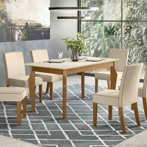 Conjunto de Mesa Henn Ghala Com 6 Cadeiras Maris 160x90cm com Tampo de Vidro Nature/Off White/Linho S208-127/S06-502