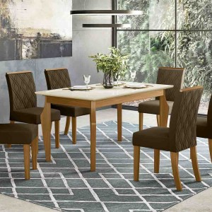 Conjunto de Mesa Henn Ghala Com 6 Cadeiras Vita 160x90cm com Tampo de Vidro Nature/Off White/Bege S208-127/S05-501