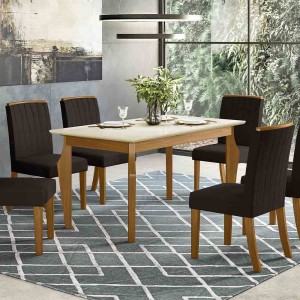 Conjunto de Mesa Henn Ghala Com 6 Cadeiras Tauá 160x90cm com Tampo de Vidro Nature/Off White/Marrom S208-127/S04-500