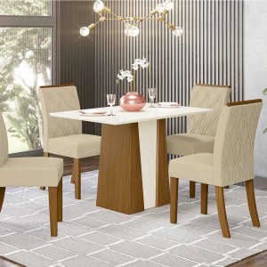 Conjunto de Mesa Henn Orus Com 4 Cadeiras Vita 120x80cm com Tampo em MDF 25mm Nature/Nature-Off White/Linho S210/S05