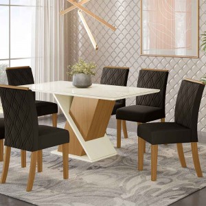 Conjunto de Mesa Henn Solus Com 6 Cadeiras Vita 160x90cm Com Tampo de Vidro Nature/Off White/Marrom S202-127/S05-500